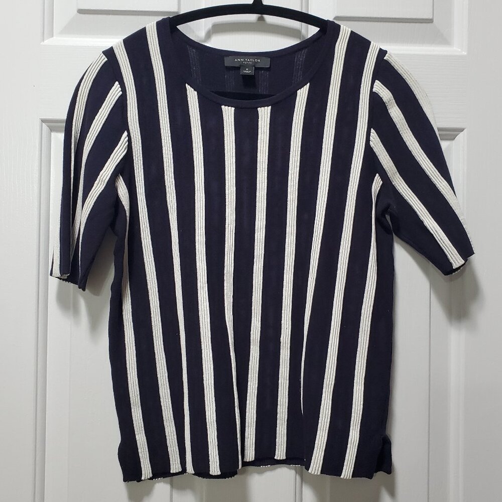 Ann Taylor Navy and White Striped Short Sleeve Top | Small Petite